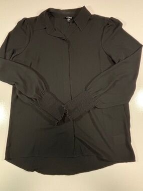 Womens Black Express Long Ruffle Sleeve Button Down Sheer Blouse Size Small